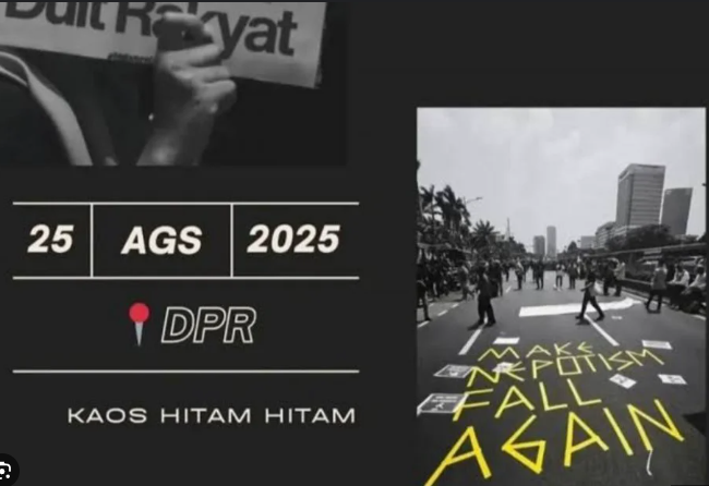 Peserta demo 25 Agustus 2025 membawa spanduk dan poster berisi tuntutan sosial, hukum, dan lingkungan di depan Gedung DPR