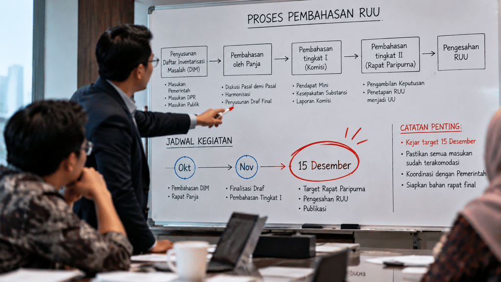 Papan tulis putih di ruang rapat yang menampilkan alur kerja panitia kerja RUU dengan tenggat waktu akhir tahun.