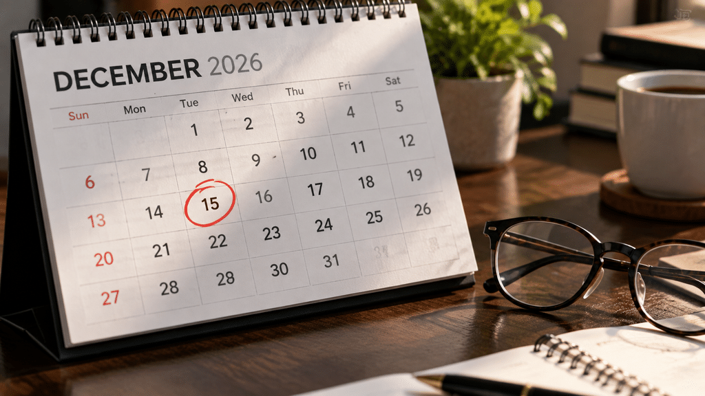Tampilan jarak dekat kalender meja dengan tanda merah pada pertengahan Desember sebagai target pengesahan RUU.